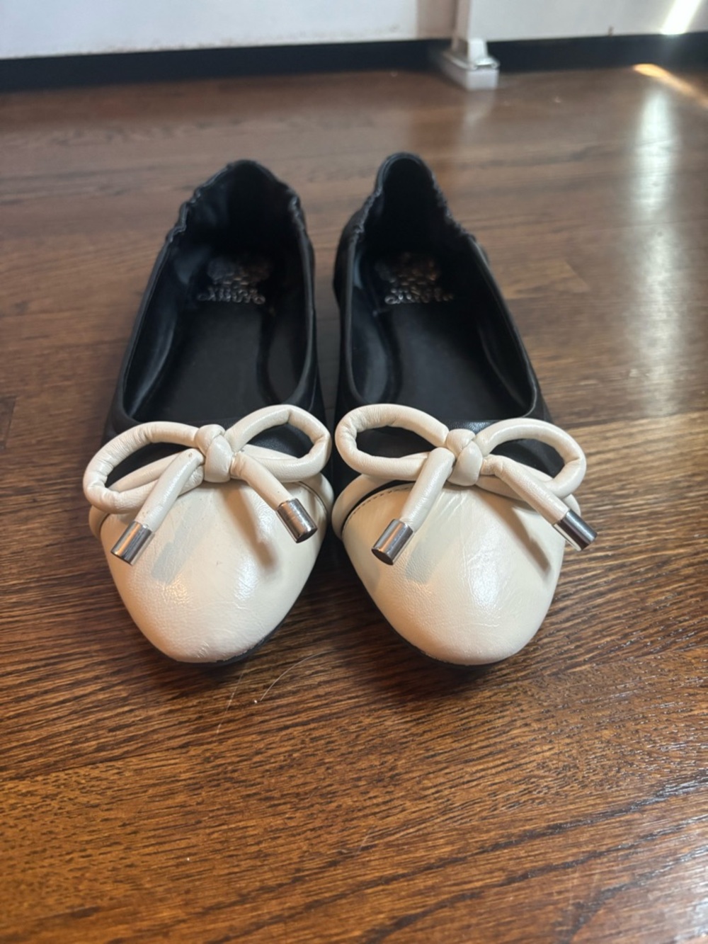 Worn once! Vince Camuto Black & Cream Ballet Flats -Bow Detail Silver accents - Picture 6 of 8